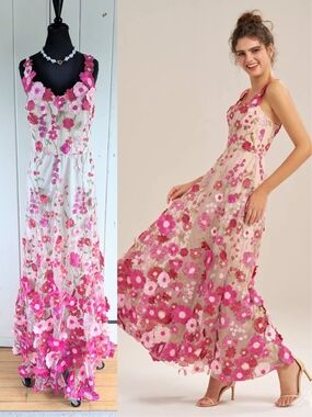 Pink Floral Appliqué Maxi Dress